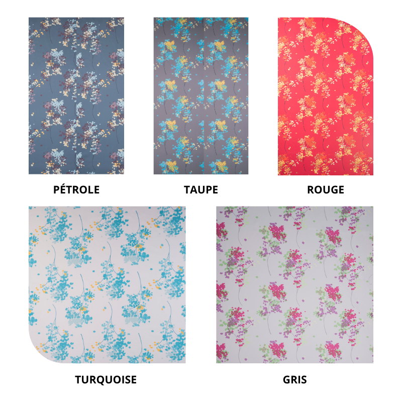 centraco couverture matelassée PRIM' DÉCOR FLORALIE non feu pour collectivités fabrication française coloris pétrole, taupe, rouge, turquoise, gris