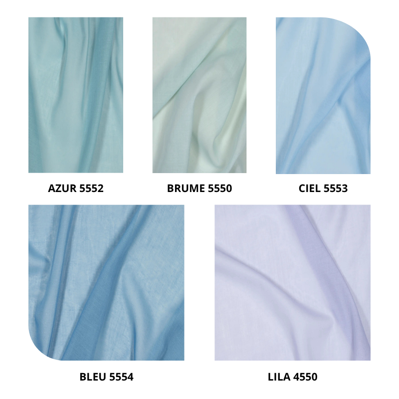 centraco voilage uni effet lin 100% polyester DAISY non feu pour collectivités fabrication française coloris azur 5552, brume 5550, ciel 5553 , bleu 5554, lila 4550