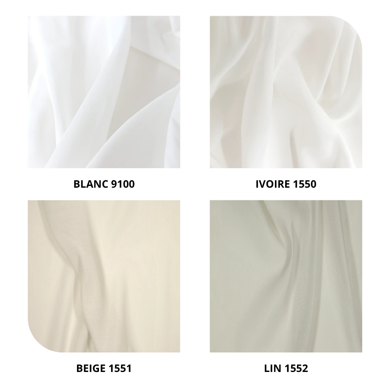 centraco voilage uni effet lin 100% polyester DAISY non feu pour collectivités fabrication française coloris blanc 9100, ivoire 1550, beige 1551, lin 1552