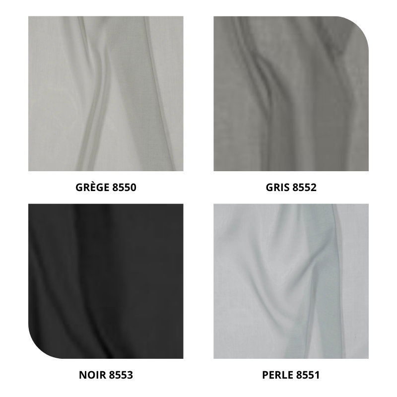 centraco voilage uni effet lin 100% polyester DAISY non feu pour collectivités fabrication française coloris grege 8550, gris 8552, noir 8553, perle 8551