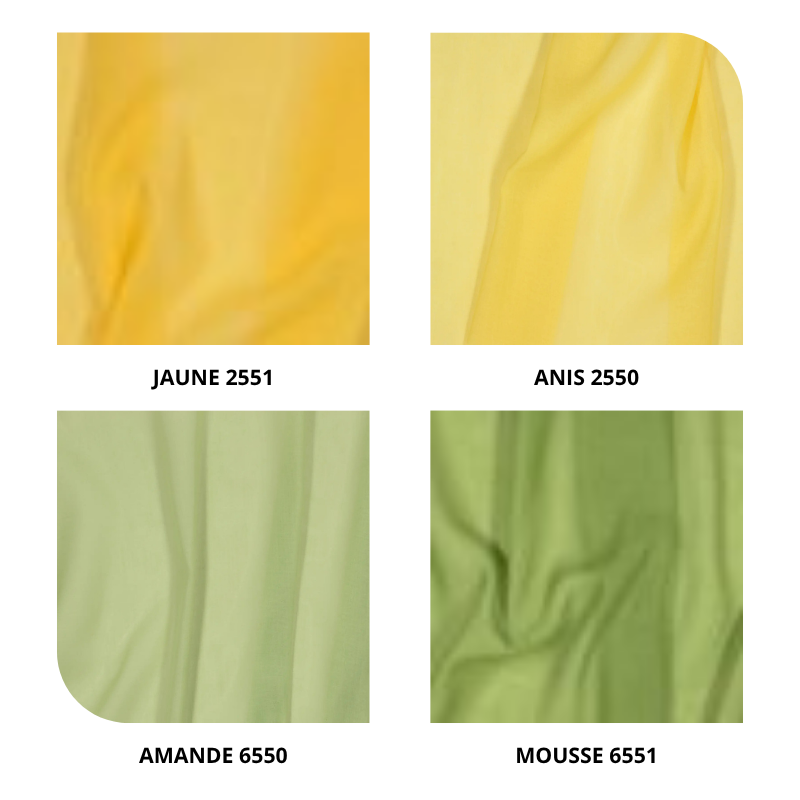 centraco voilage uni effet lin 100% polyester DAISY non feu pour collectivités fabrication française coloris jaune 2551, anis 2550, amande 6550, mousse 6551