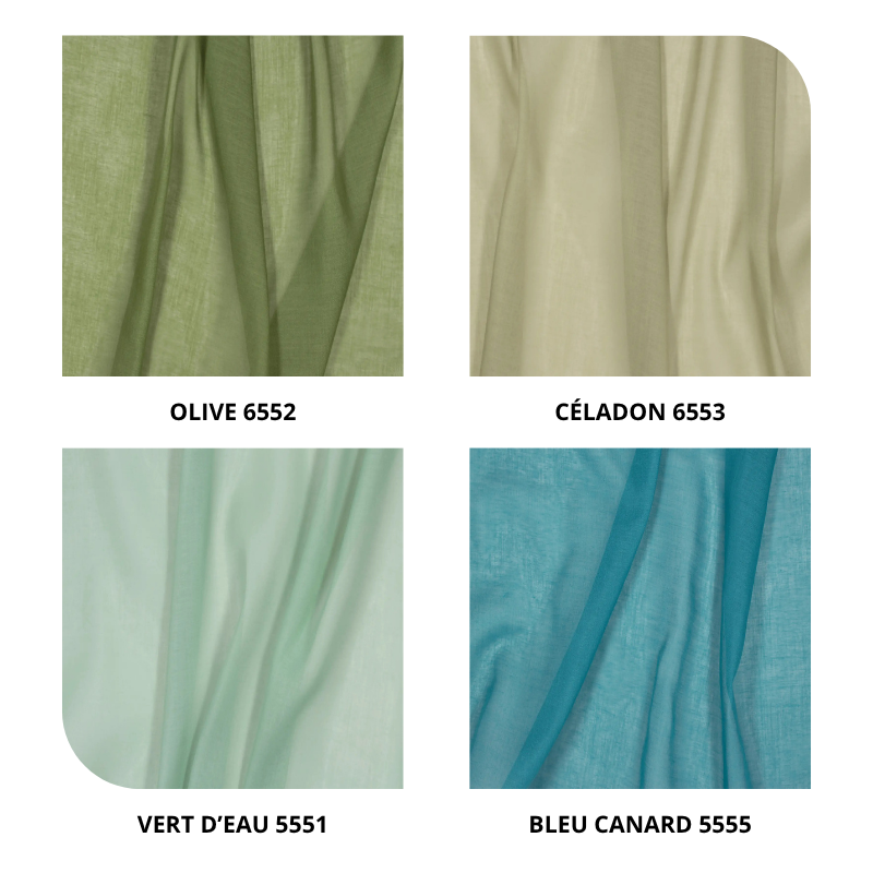 centraco voilage uni effet lin 100% polyester DAISY non feu pour collectivités fabrication française coloris olive 6552, céladon 6553, vert d'eau 5551, bleu canard 5555