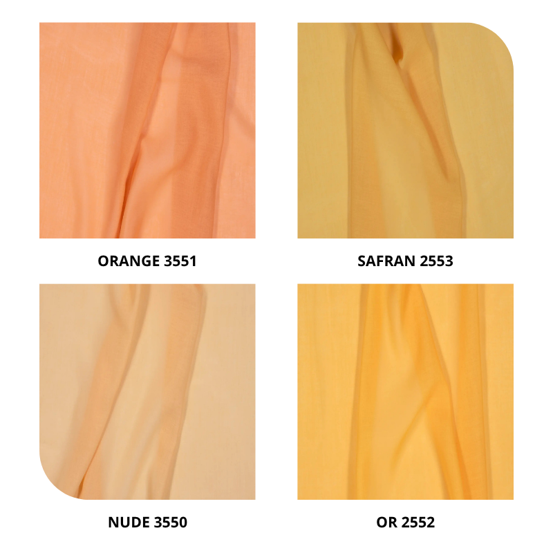 centraco voilage uni effet lin 100% polyester DAISY non feu pour collectivités fabrication française coloris orange 3551, safran 2553, nude 3550, or 2552