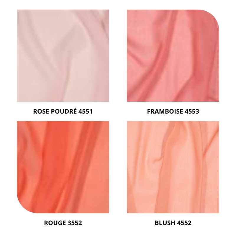 centraco voilage uni effet lin 100% polyester DAISY non feu pour collectivités fabrication française coloris rose poudré 4551, framboise 4553, rouge 3552, blush 4552